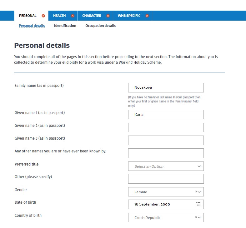 Žádost o working holiday víza na Nový Zéland, vyplňování krok za krokem, osobní údaje
