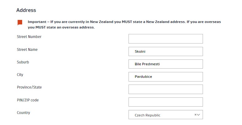 Žádost o working holiday víza na Nový Zéland, vyplňování krok za krokem, osobní údaje - adresa