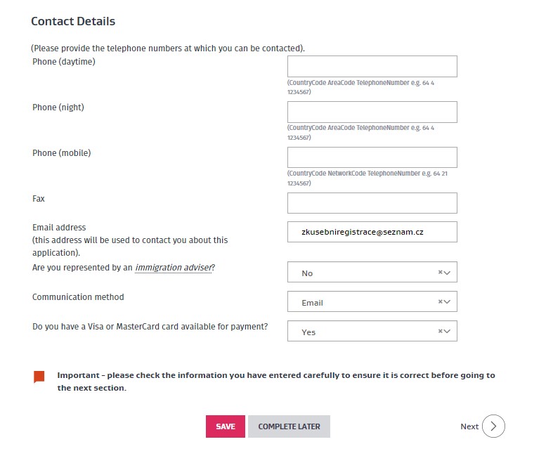 Žádost o working holiday víza na Nový Zéland, vyplňování krok za krokem, osobní údaje - kontakt