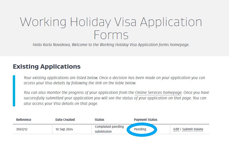 Stav tvé žádosti o working holiday víza na Nový Zéland. Změna stavu z Pending na eVisa