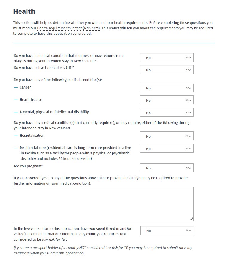 Žádost o working holiday víza na Nový Zéland, sekce zdravotní údaje